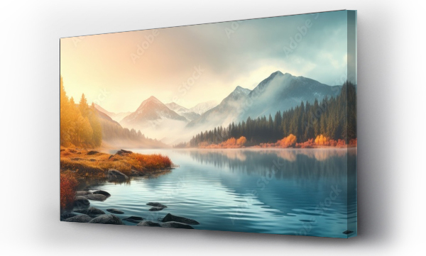 Wizualizacja Obrazu : #670880189 Colorful morning landscape of misty lake and mountains at sunrise. Beautiful autumn panoramic view. Beauty of nature concept background. Banner