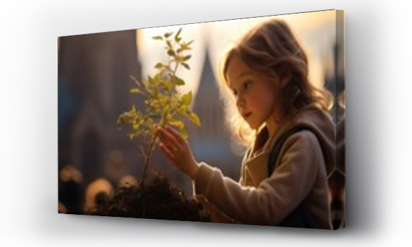 Wizualizacja Obrazu : #670886096 Young Child Nurturing a Tiny Plant in Bustling City Square