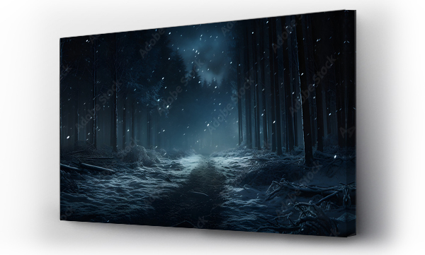 Wizualizacja Obrazu : #670899527 snow falling at night in a snowy dark forest with lights and stars Generated 4