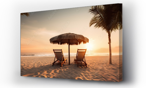 Wizualizacja Obrazu : #670992252 palm trees ,Beach chairs and umbrellas on sandy beach in tropical beach with sunset view