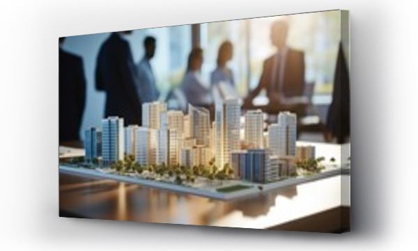 Wizualizacja Obrazu : #671060171 Businessman or architect showing new business office complex model on table. Real estate development concept.
