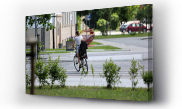 Wizualizacja Obrazu : #671151953 Kobieta z dzieckiem na baga?niku jedzie rowerem przez przej?cie dla pieszych