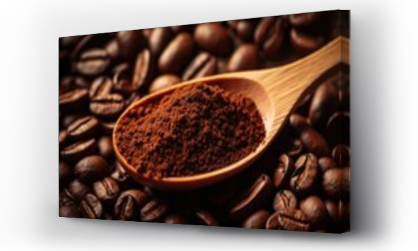 Wizualizacja Obrazu : #671173434 Coffee beans and wooden spoon with ground coffee close-up.
