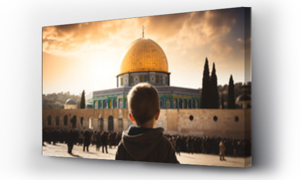 Wizualizacja Obrazu : #671366126 Palestine kid or child looking at al aqsa mosque with free palestine aqsa mosque protect concept.