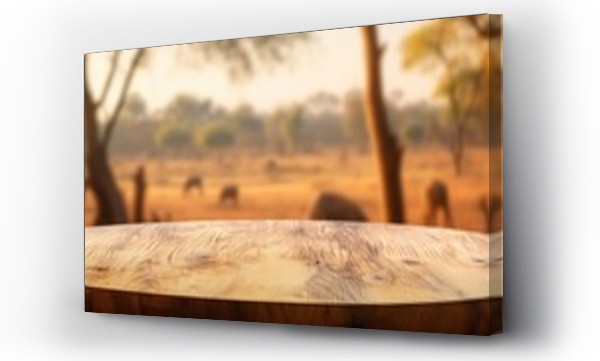 Wizualizacja Obrazu : #671382573 The empty wooden brown table top with blur background of Savanna Safari. Exuberant image. generative AI