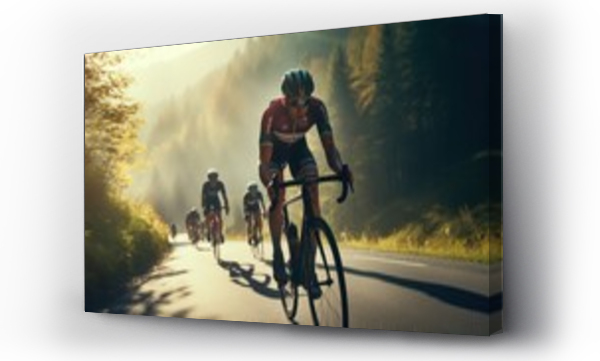Wizualizacja Obrazu : #671516653 A vibrant and engaging photo showcasing athletes participating in an road bike sport event, Cyclist cycling down a hill in the forrest. View from the side. Trees in the background and foreground