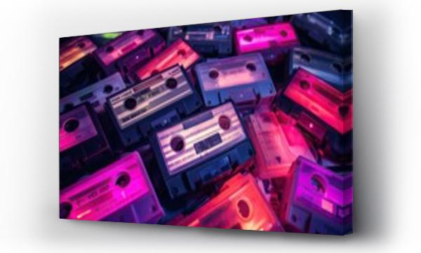 Wizualizacja Obrazu : #671573916 Old audio tape compact cassette on black background. Collection of retro cassette. Vintage pattern. 80s and 90s funky colorful design