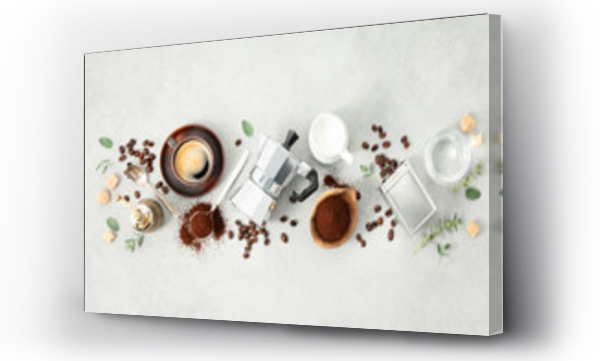 Wizualizacja Obrazu : #671639864 Moka pot, espresso cup, ground coffee, milk, sugar and coffee beans on a grey concrete background