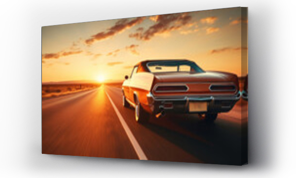 Wizualizacja Obrazu : #671654146 Classic retro vintage American car driving on highway at sunset