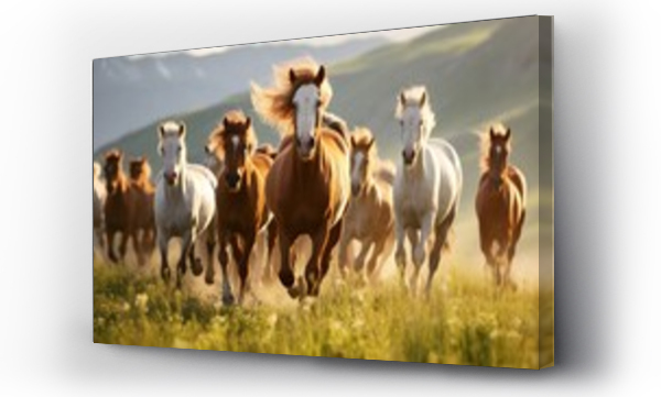 Wizualizacja Obrazu : #671755128 A herd of wild horses galloping freely across an open meadow, manes flowing.