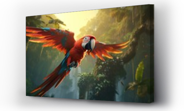 Wizualizacja Obrazu : #671755448 A macaw in a tropical rainforest, squawking energetically while perched high in the canopy.