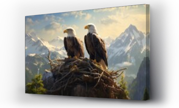 Wizualizacja Obrazu : #671755802 A pair of eagles tending to their nest on a craggy mountain cliff.