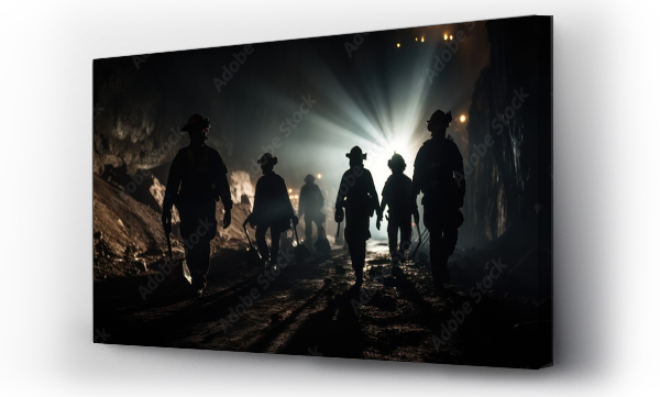 Wizualizacja Obrazu : #671763415 Mining working. Silhouette of Miners entering underground coal mine night lighting