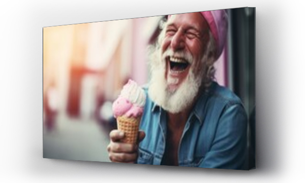 Wizualizacja Obrazu : #671798922 Close up portrait of hipster man eating ice cream on cone. Happy smiling face. Creative fun composition.