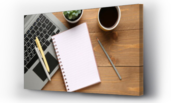 Wizualizacja Obrazu : #671964420 Notebook with laptop and cup of tasty coffee on wooden background