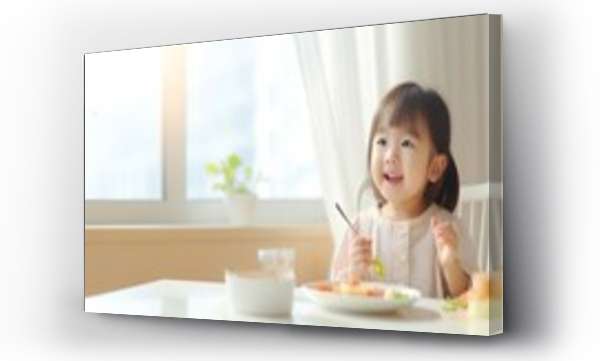 Wizualizacja Obrazu : #672047436 Asian cute little girl holding fork and trying to eat food sitting on the white high chair in the morning at home with copy space. : Generative AI