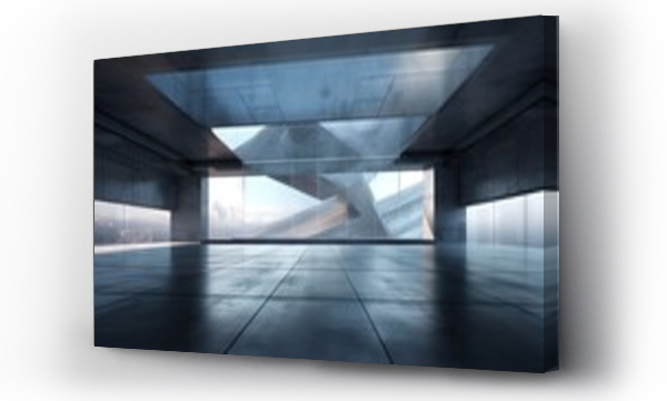 Wizualizacja Obrazu : #672058514 3d render of abstract futuristic glass architecture with empty concrete floor.