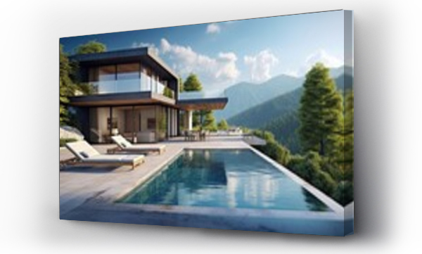 Wizualizacja Obrazu : #672058666 Modern building house with terrace and swimming pool with sun lounger. Beautiful mountains, forest with plants panoramic view. 3d rendering illustration exterior. Contemporary architecture design.