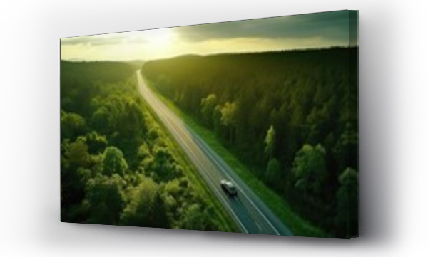 Wizualizacja Obrazu : #672059569 Aerial view of road in beautiful green forest at sunset in spring. Colorful landscape with car on the roadway, trees in summer. Top view from drone of highway in Croatia. View from above. Travel