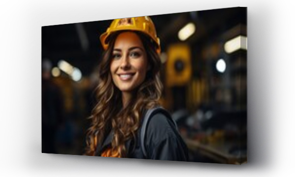 Wizualizacja Obrazu : #672387838 Portrait of a smiling female engineer in uniform and safety helmet at her workplace.