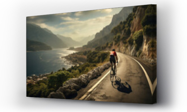 Wizualizacja Obrazu : #672440296 A cyclist pedaling along a scenic coastal road with a panoramic sea view, embodying the Concept of recreational cycling. Generative Ai.