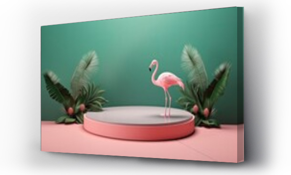 Wizualizacja Obrazu : #672523156 Summer 3D podium background flamingo pink product pedestal party scene display beach. Podium platform 3D palm summer vacation backdrop pastel isolated spring studio stand flower template holiday.