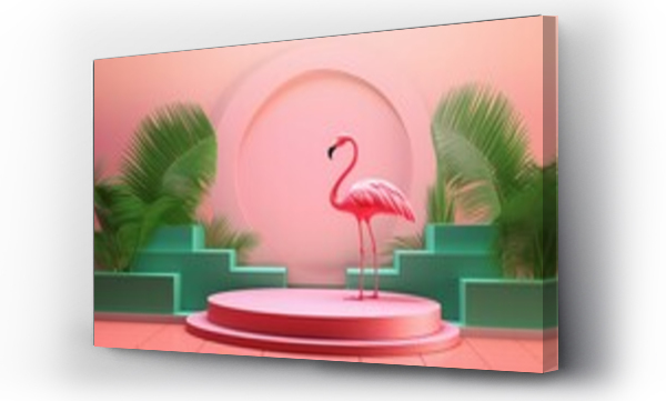 Wizualizacja Obrazu : #672523516 Summer 3D podium background flamingo pink product pedestal party scene display beach. Podium platform 3D palm summer vacation backdrop pastel isolated spring studio stand flower template holiday.