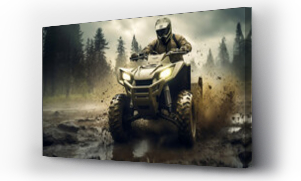 Wizualizacja Obrazu : #672627551 All-terrain ATV Quad Rider on blurred motion mud dirt road at rainy