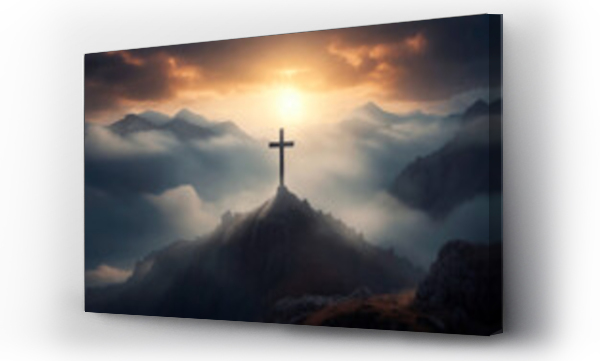Wizualizacja Obrazu : #672714819 Christian cross on top of mountain at sunset. Religion, God, Christianity concept. Generative AI