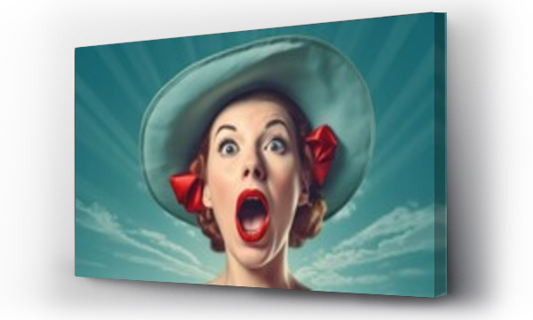 Wizualizacja Obrazu : #672943202 Retro-inspired portrait of a surprised woman with vivid red lips and a stylish hat, embodying a classic 50s look. Perfect for vintage fashion branding, themed event promotions, or retro artwork.