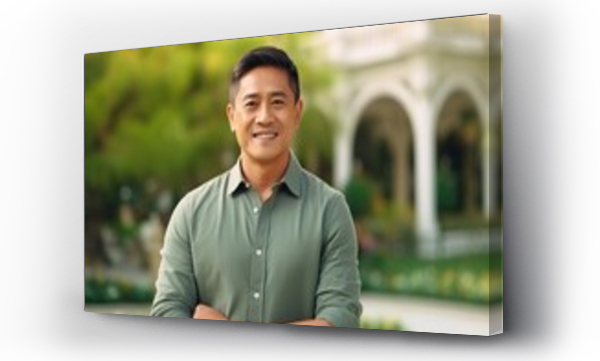 Wizualizacja Obrazu : #673052349 Portrait of happy asian man with arms crossed smiling at camera