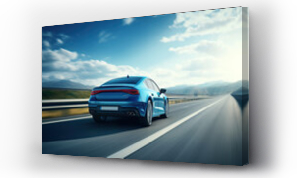 Wizualizacja Obrazu : #673129219 Rear view of blue Business car on high speed in turn. Blue car rushing along a high-speed highway. Generative AI