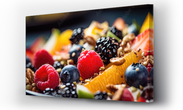 Wizualizacja Obrazu : #673267222 Close up photo of fresh fruit and nuts on plate, healthy food concept