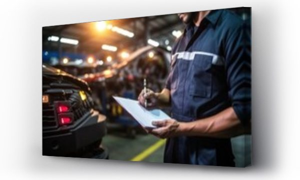 Wizualizacja Obrazu : #673350658 Man in work uniform takes notes on clipboard while inspecting mechanism in car repair shop.