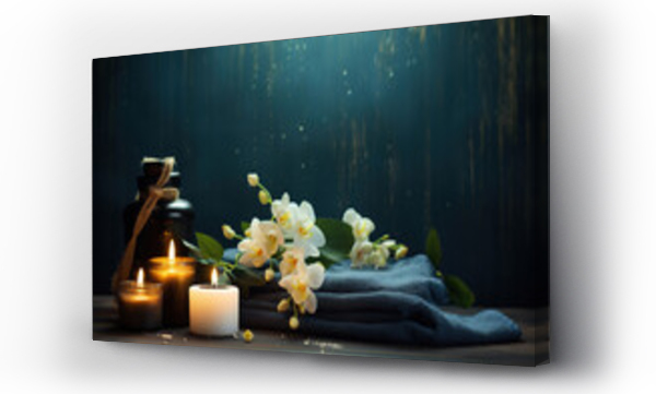 Wizualizacja Obrazu : #673677981 Beauty spa treatment background with candles on a dark background. Free space for your text.
