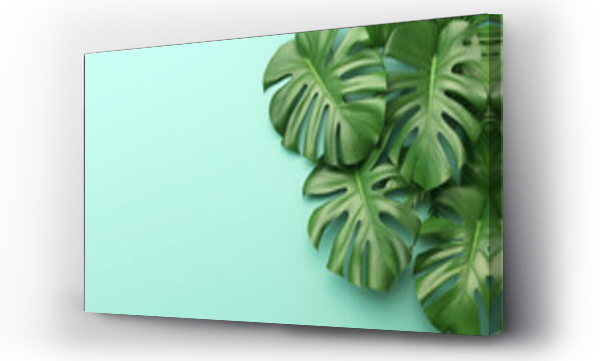 Wizualizacja Obrazu : #673769577 Creative arrangement of tropical monstera leaves against blue abstract wall background