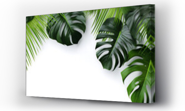 Wizualizacja Obrazu : #673775729 Creative arrangement of tropical monstera leaves against white abstract wall background