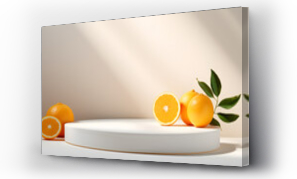 Wizualizacja Obrazu : #673788392 Summer mockup concept for product presentation. Empty podium and orange fruits on beige background. 3d rendering illustration.