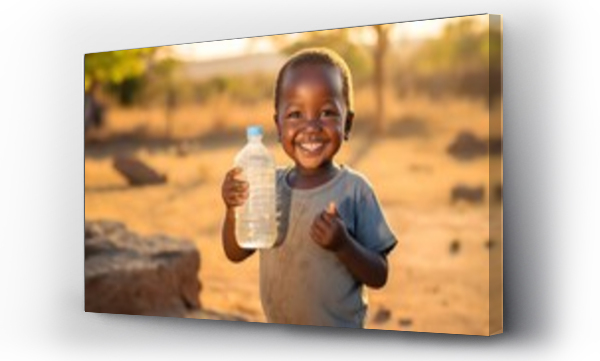 Wizualizacja Obrazu : #673925643 Happy little thirsty child with bottle of pure fresh drinking water in his hand. The issue of water supply to the driest areas of Africa.