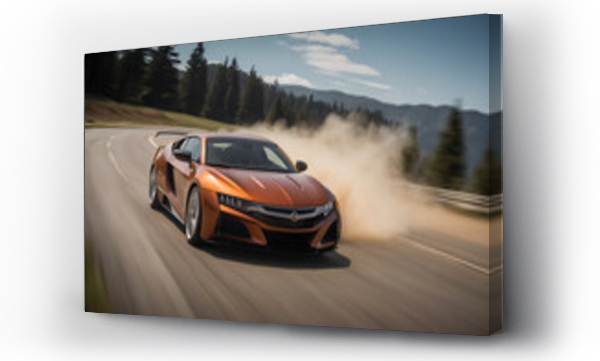 Wizualizacja Obrazu : #673990844 Side view of orange sport car on road with motion blur.