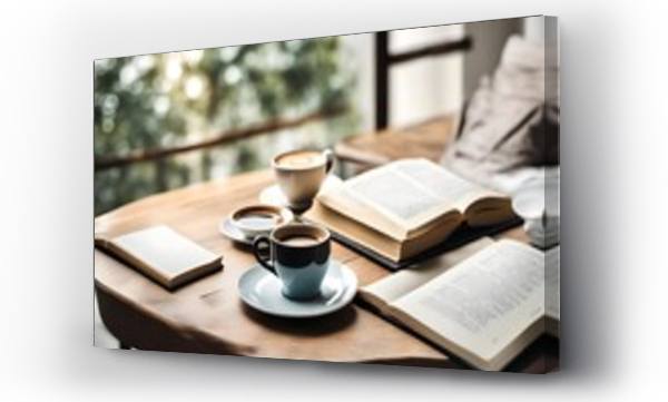 Wizualizacja Obrazu : #674651665 flatly of book and coffee on table for morning relaxing time