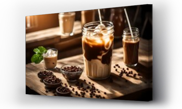 Wizualizacja Obrazu : #674685343 Glass of a iced coffee with cream milk. Cold brew coffee drink with ice. Early morning sun light