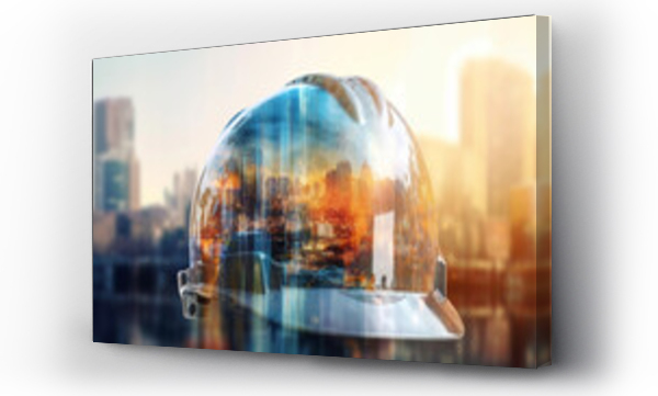 Wizualizacja Obrazu : #674766759 Double exposure image of engineer safety helmet with city or construction site background on his head. Modern abstract art design civil engineering concept