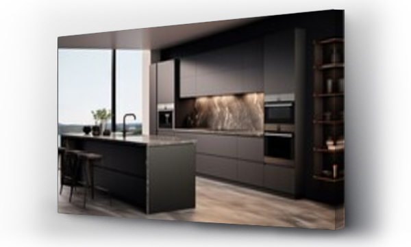Wizualizacja Obrazu : #674802167 Front view of a modern designer kitchen with smooth handleless cabinets with black edges, black glass appliances, a marble island and marble countertops