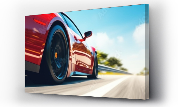Wizualizacja Obrazu : #674885917 Ultrawide red sports car riding on highway road wallpaper. Car in fast motion 4k. Fast-moving car. Fast-moving supercar on the street.