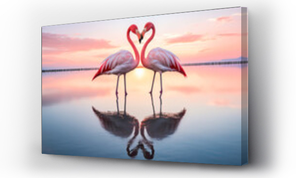 Wizualizacja Obrazu : #674998148 Graceful flamingos craft a heart against pink skies and water.
