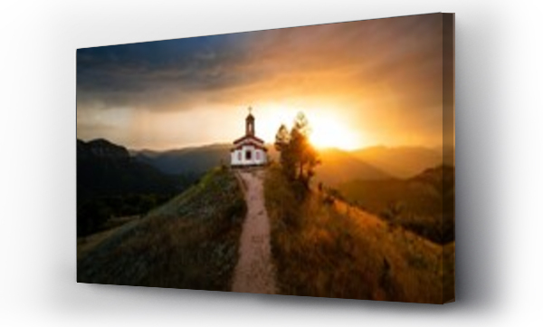Wizualizacja Obrazu : #675050268 Small chapel on top of a hill during sunset