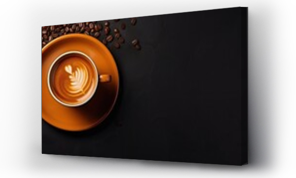 Wizualizacja Obrazu : #675063618 Coffee cup and coffee beans on black background, top view