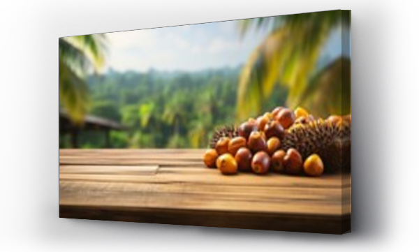 Wizualizacja Obrazu : #675085689 Old Wooden table with oil palm fruits and palm plantation in the background  - For product display montage of your products.