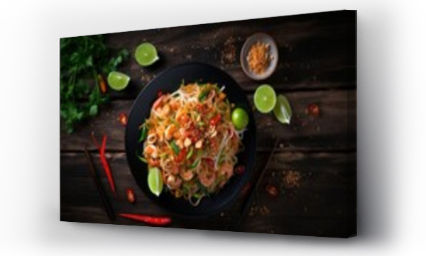 Wizualizacja Obrazu : #675148944 Top view of Pad Thai on a black wooden table, Thai food, national food